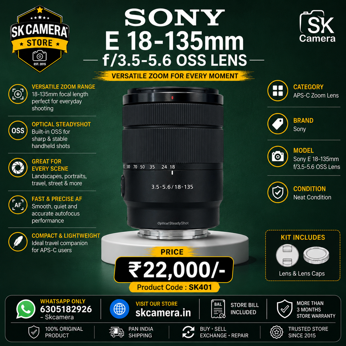 Sony E 18-135mm f/3.5-5.6 OSS APS-C Zoom Lens | SEL18135 | SK401